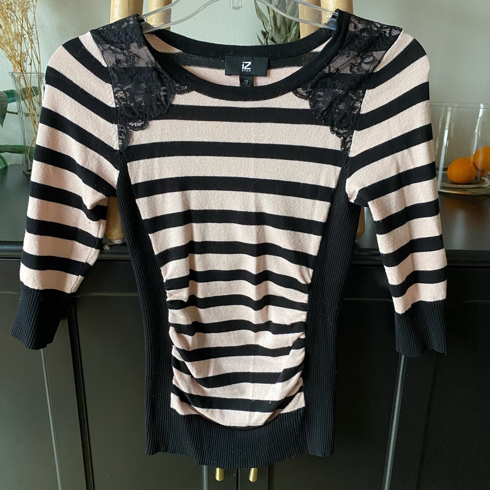 IZ Byer Sweater 3/4 Sleeve Striped Pink & Black  Lace Shoulders Women’s Size XS